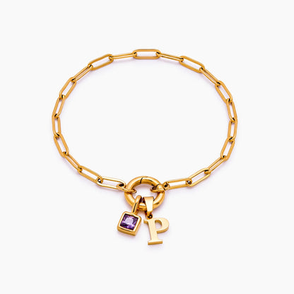 Paperclip Initial Birthstone Bracelet | 18K Gold-Plated | Initial & Stone