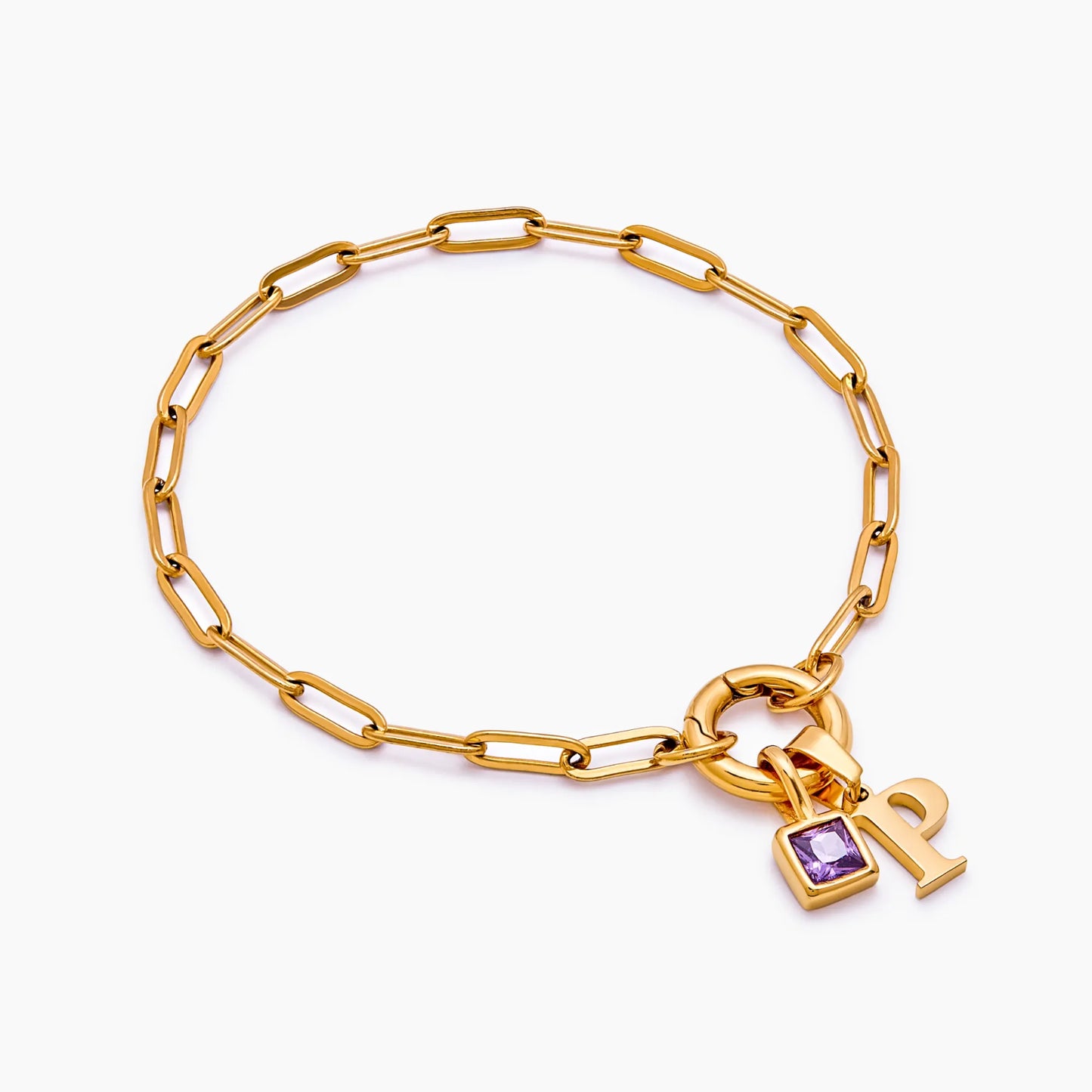 Paperclip Initial Birthstone Bracelet | 18K Gold-Plated | Initial & Stone