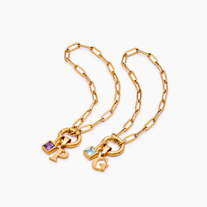 Paperclip Initial Birthstone Bracelet | 18K Gold-Plated | Initial & Stone