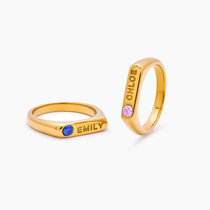 Birthstone Name Ring | Gold-Plated | Name Engraved & Bezel Birthstone