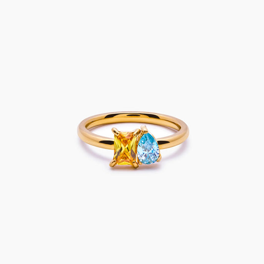 Duo Birthstone Ring | 18K Gold-Plated | Two Simulated Stones, Personalized Band
