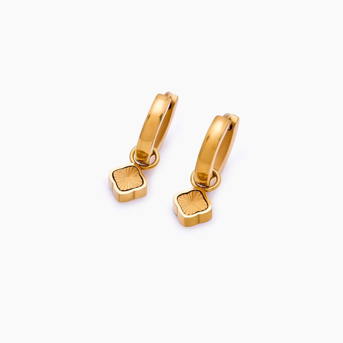 Mini Sunburst Clover Hoops | 18K Gold-Plated Stainless Steel | Huggie + Clover Charm
