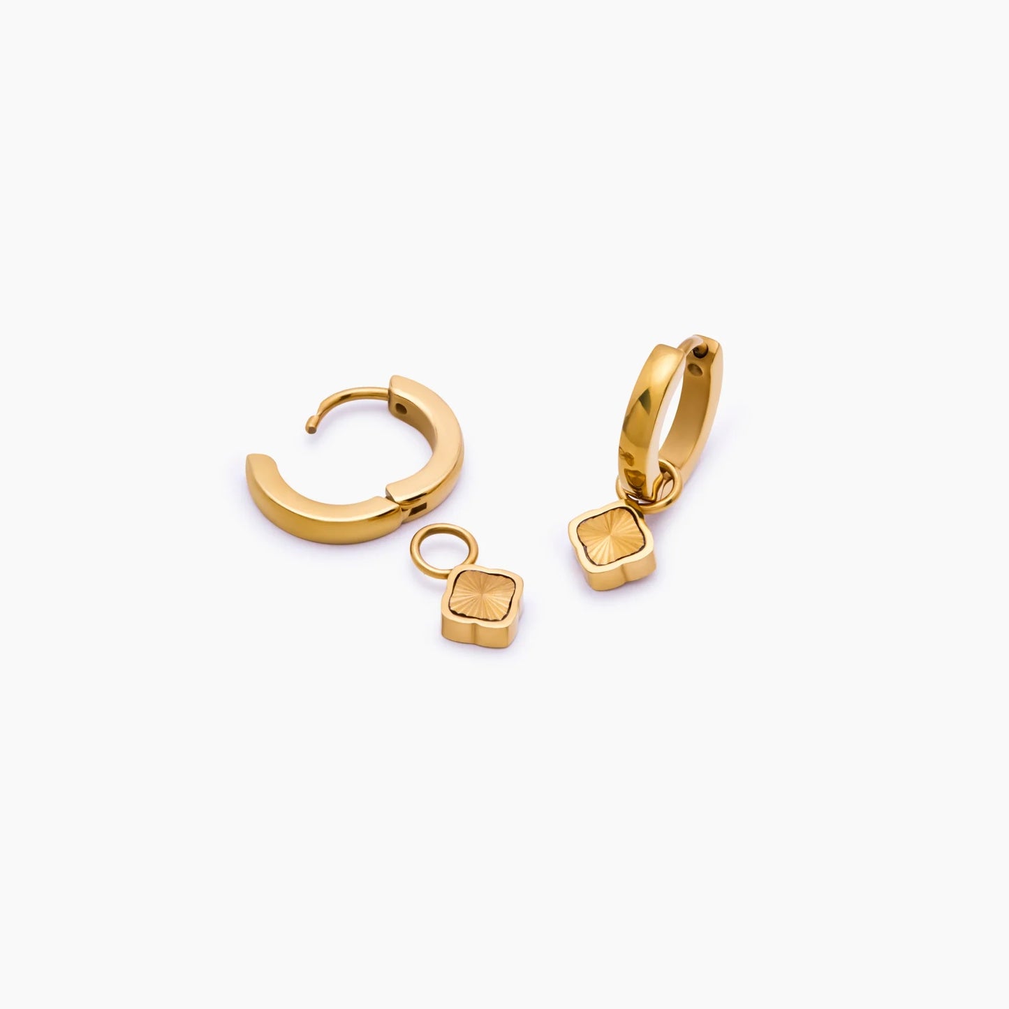 Mini Sunburst Clover Hoops | 18K Gold-Plated Stainless Steel | Huggie + Clover Charm