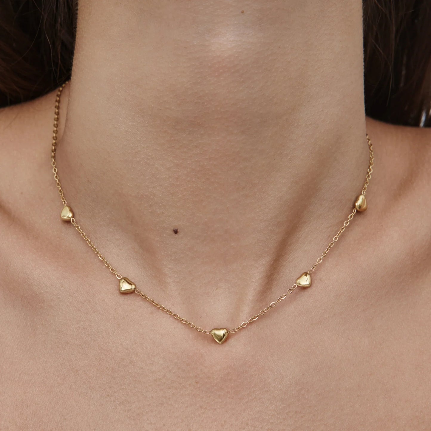 Puffed Heart Station Necklace | Gold-Plated | Five 3D Hearts on Chain