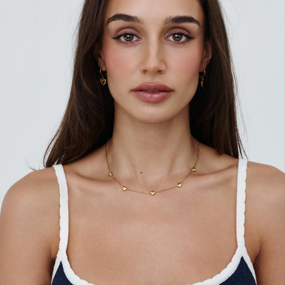 Puffed Heart Station Necklace | Gold-Plated | Five 3D Hearts on Chain