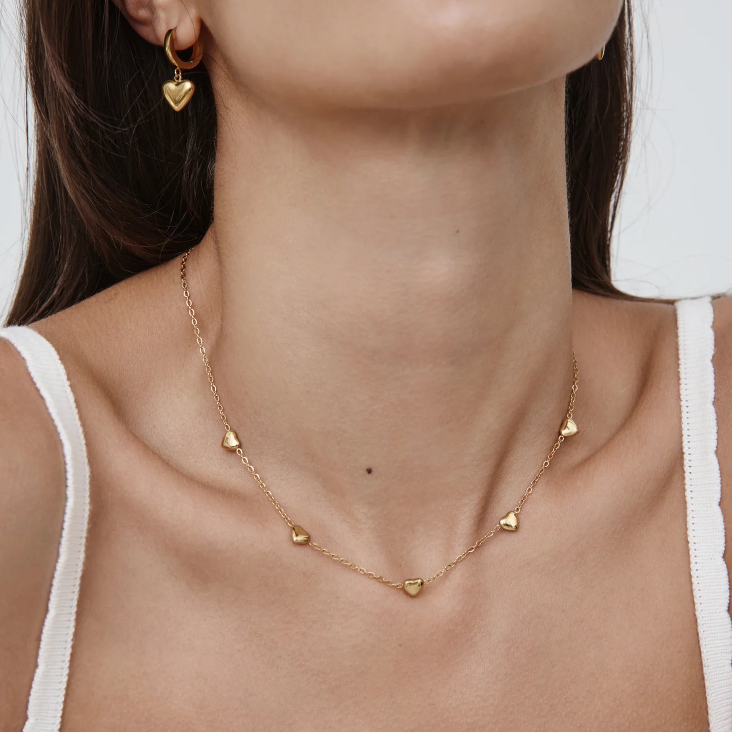Puffed Heart Station Necklace | Gold-Plated | Five 3D Hearts on Chain