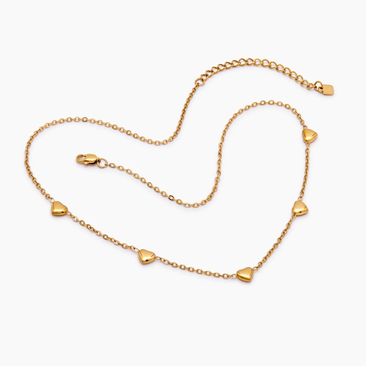 Puffed Heart Station Necklace | Gold-Plated | Five 3D Hearts on Chain