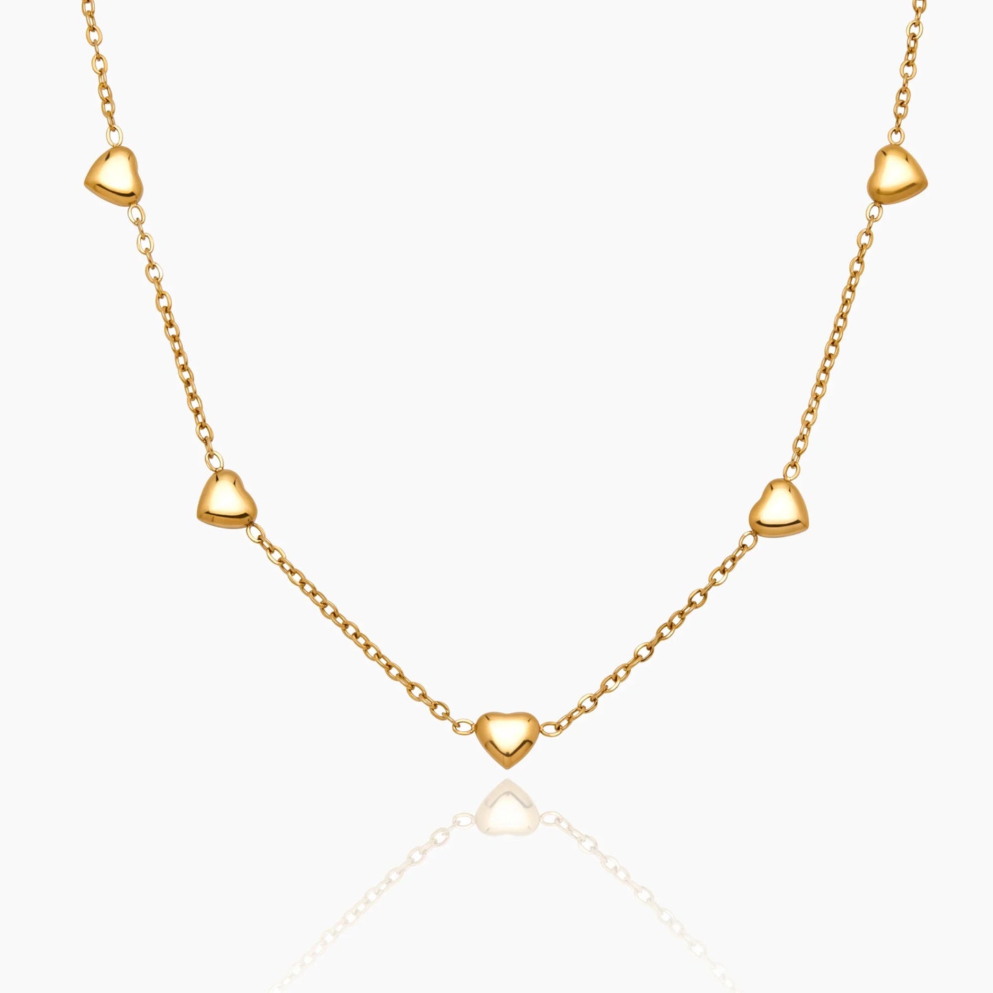 Puffed Heart Station Necklace | Gold-Plated | Five 3D Hearts on Chain