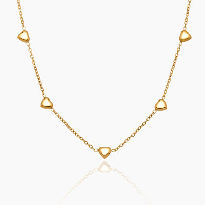 Puffed Heart Station Necklace | Gold-Plated | Five 3D Hearts on Chain