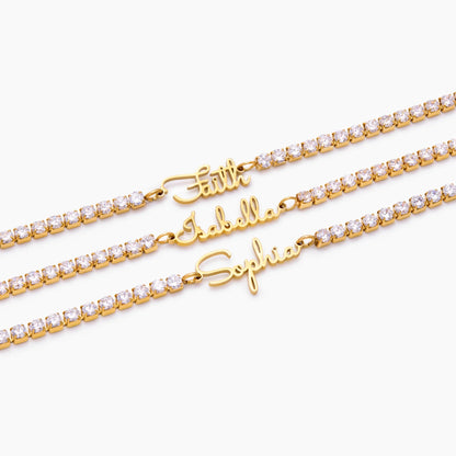 Signature Name Tennis Bracelet | 18K Gold-Plated | Name on Crystal Tennis Chain